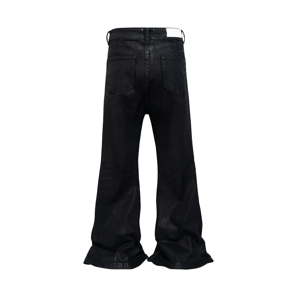 saferido Streetwear Black Glue Coated Boot Cut for Men and Women Straight Baggy Casual Flare Pants Oversized Loose Denim Trousers