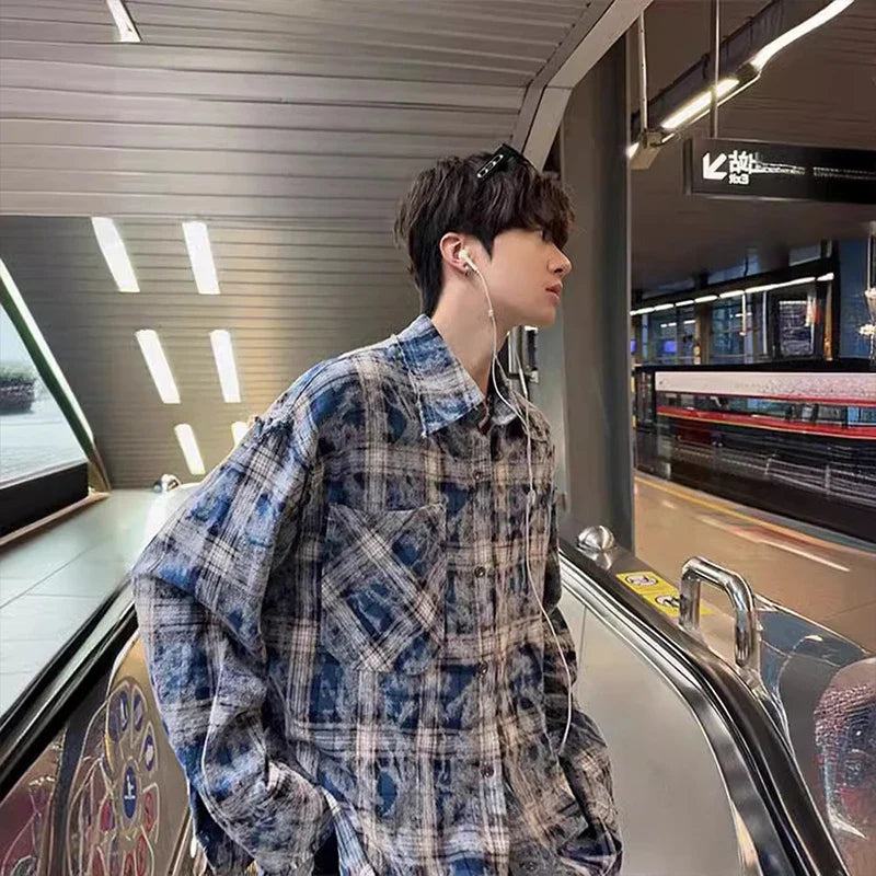 Autumn Men's Clothing Light Luxury Texture Plaid Shirts Korean Popular Vintage Long Sleeve Button-down Check Ripped Shirts