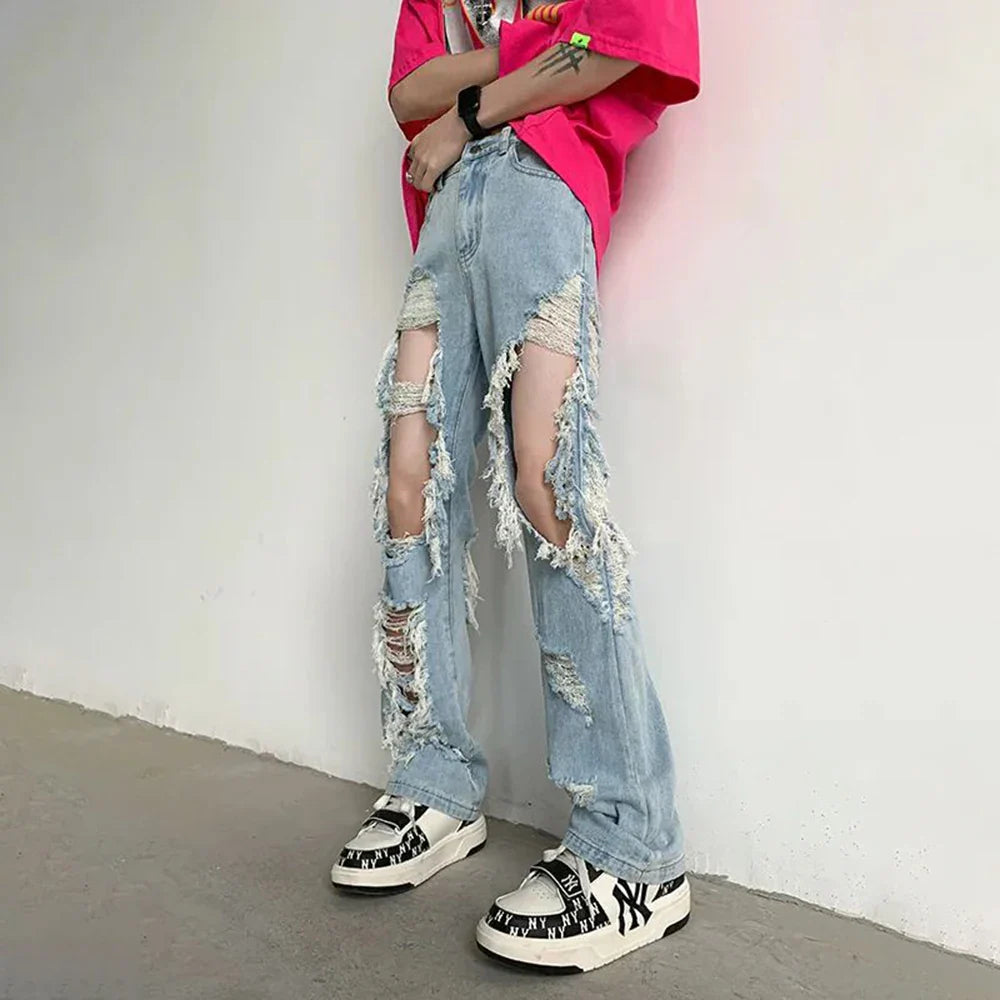 saferido Y2K Unisex Perforated Jeans Mens Summer Korean 2024 Slim Design Straight Wide Leg Denim Pants LGBT Man Sexy Ripped Fringed Jeans