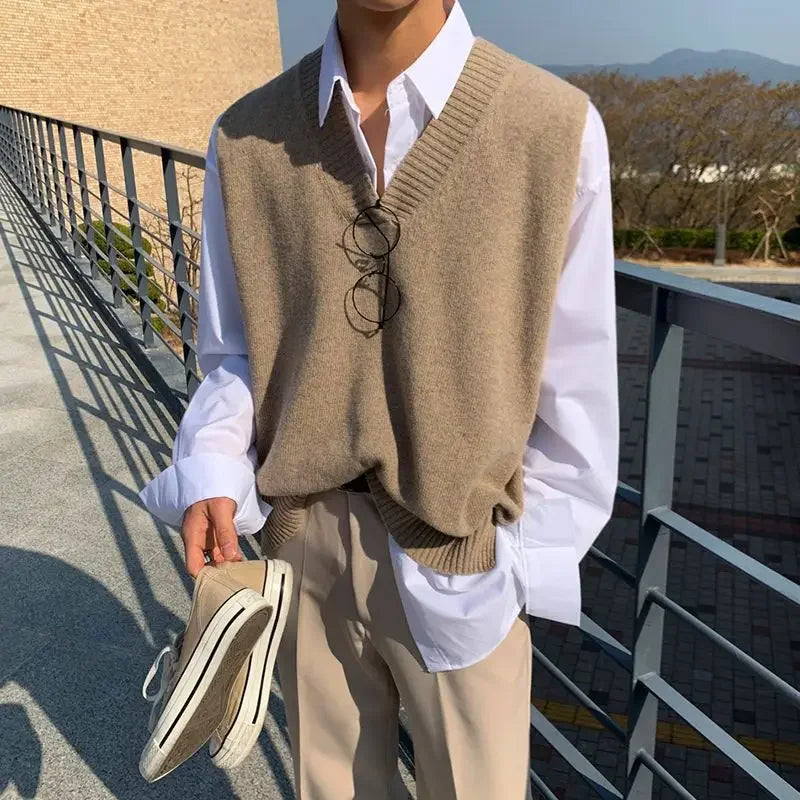 Man Clothes Smooth Solid Color Vest Plain Knitted Sweaters for Men Waistcoat Sleeveless Over Fit Knit Korean Fashion Warm Cheap