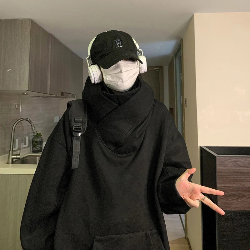 saferido Harajuku High Collar Loose Hoodie Spring Hip Hop Sweatshirt Hooded Baggy Fashion Streetwear Black/Gray Long Sleeve Men Hoodies