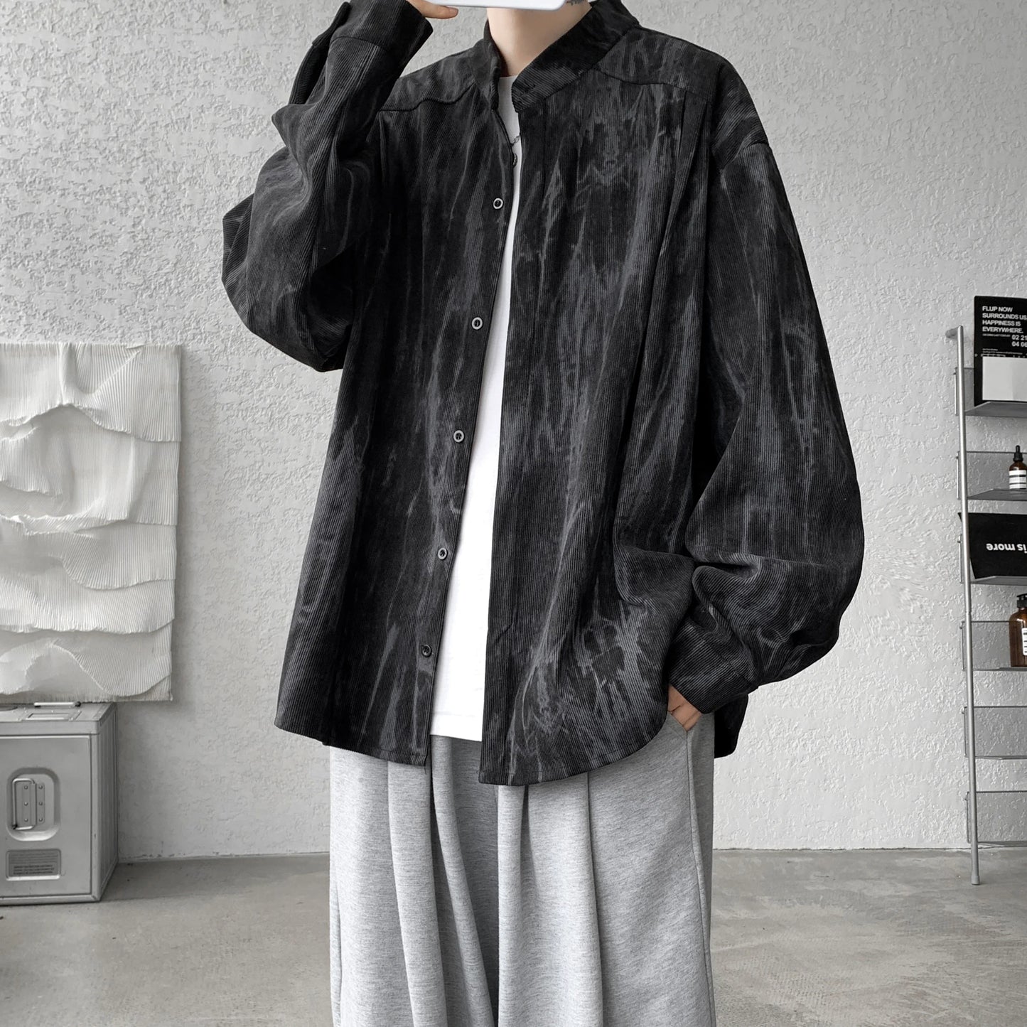saferido Stand Collar Tie-dye Shirt Men Handsome Long Sleeve Men's Clothing Spring Autumn Korean Loose Streetwear Casual Shirts