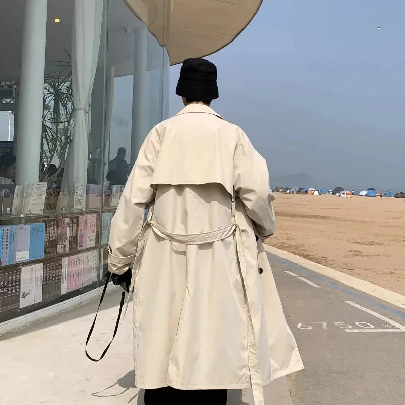 saferido Korean Style Trench Men Coat Trendy Streetwear Windbreaker Trenchcoat Solid Business Casual Streetwear Loose Long Overcoat