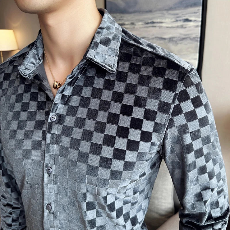 saferido Men Clothing Spring High Quality Canary Velvet Long Sleeve Shirts/Male Slim Fit Plaid Luxury Office Dress Shirts Plus Size 4XL-M