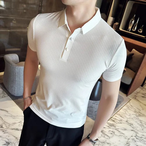 saferido Korean Style Men's Summer High Quality Elastic Force Ice Silk Polo Shirts/Male Slim Fit Stripe Casual Polo Shirts 4XL