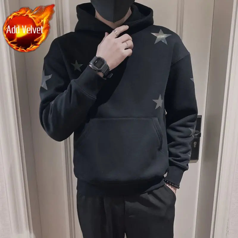 saferido Sweatshirt for Man Hooded Black Male Clothes Hoodies Star Sweat Shirt Emo Korean Style One Piece Novelty and Warm Loose