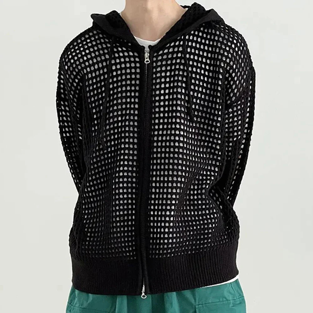 saferido Y2k Knitted Cardigan Men's Hollow Design Zipper Hoodie Outerwear Autumn Fashion Oversized Loose Sexy Long Sleeve Sweater Jacket
