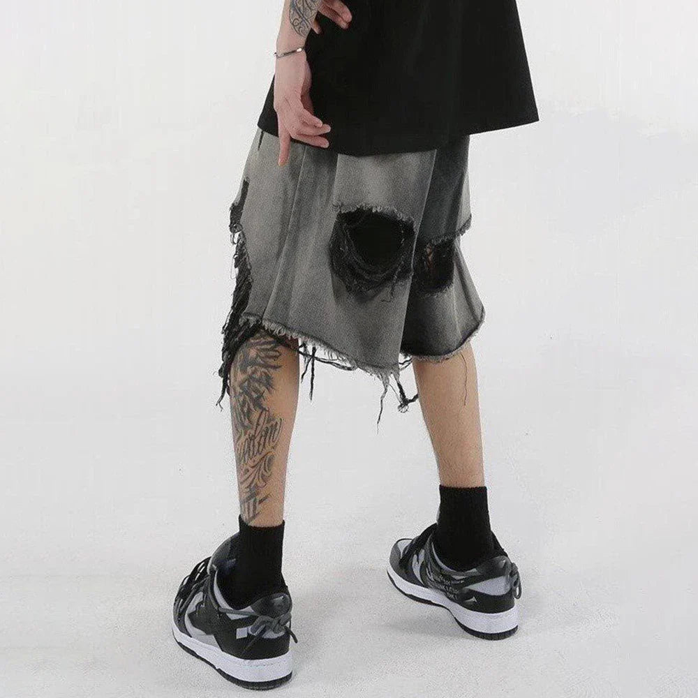 saferido High Street Loose Washed Old Ripped Shorts American Retro Shorts Summer Street Y2K Hip Hop Tassel Wide Leg Casual Denim Shorts