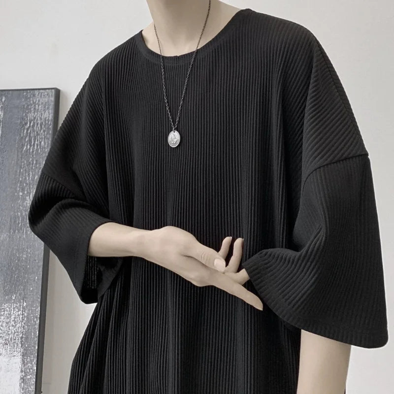 Summer Ice Silk T Shirt for Men Short Sleeve Solid Color Vertical Stripe American Loose Round Neck Half Sleeve Oversized T-shirt