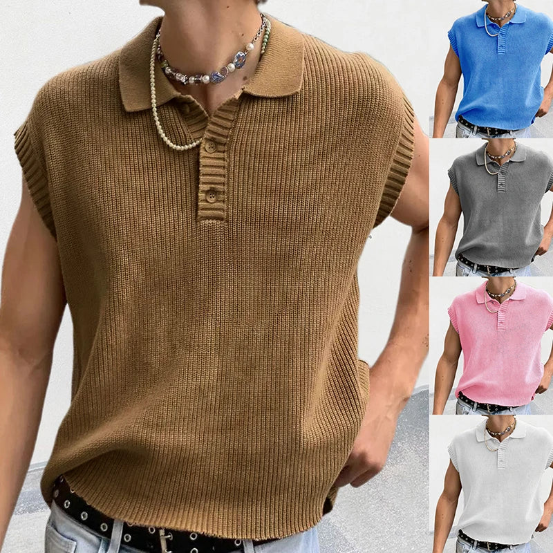 Solid Knitting Tops Men Sleeveless Buttoned Turn-down Collar Knit Vest Shirts Spring Summer Men's Clothing Fashion