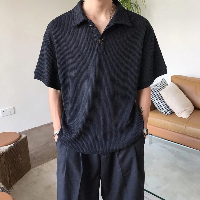 Korean Fashion Simple Short Sleeve Waffle Polo Shirt Men Advanced Texture Good Quality Lapel Loose Casual Solid Color Trend Top