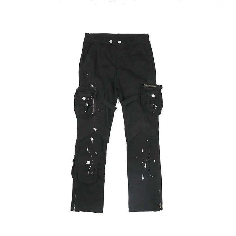 saferido Street Strap Speckled Ink Pocket Stereoscopic Cut Micro Horn Workwear Pants Hip Hop High Street Punk y2k streetwear Stacked Casual Pants