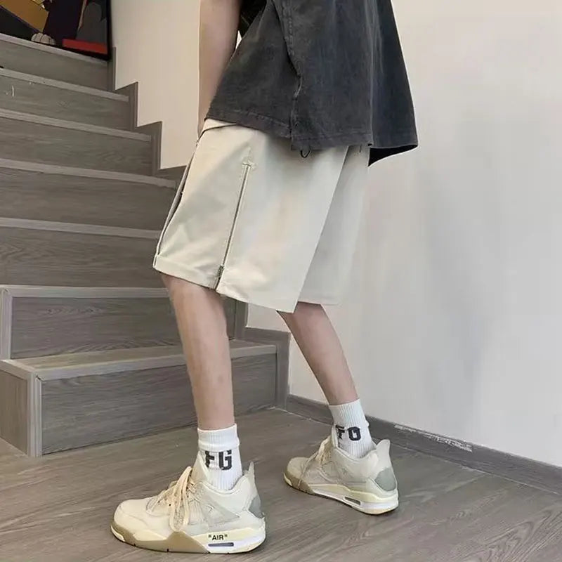 saferido Summer Elegant Fashion Harajuku Slim Fit Ropa Hombre Loose All Match Casual Shorts Solid Zipper Pockets Straight Cylinder Shorts