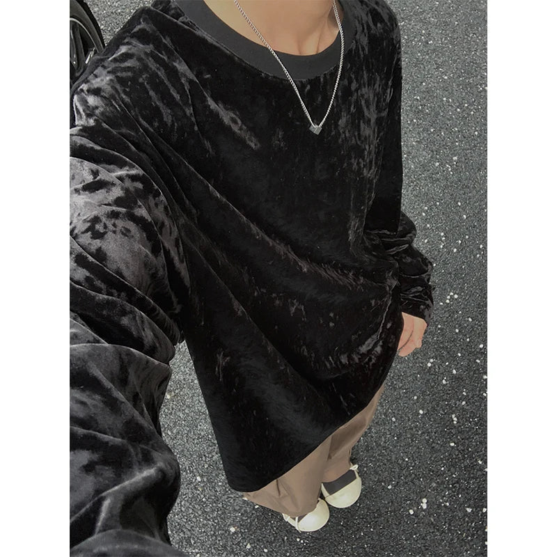 saferido Mercerized Velvet T Shirt Spring Autumn Simple Long Sleeve Tops Men's T-shirt O-neck Solid Tshirts T Shirt Men Tees Black/White