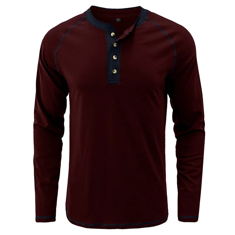Spring Mens TShirt Solid Color Long Sleeve Cotton Casual Streetwear Outdoor Tops Tees Men Fashion O Neck T Shirt Button Top Man
