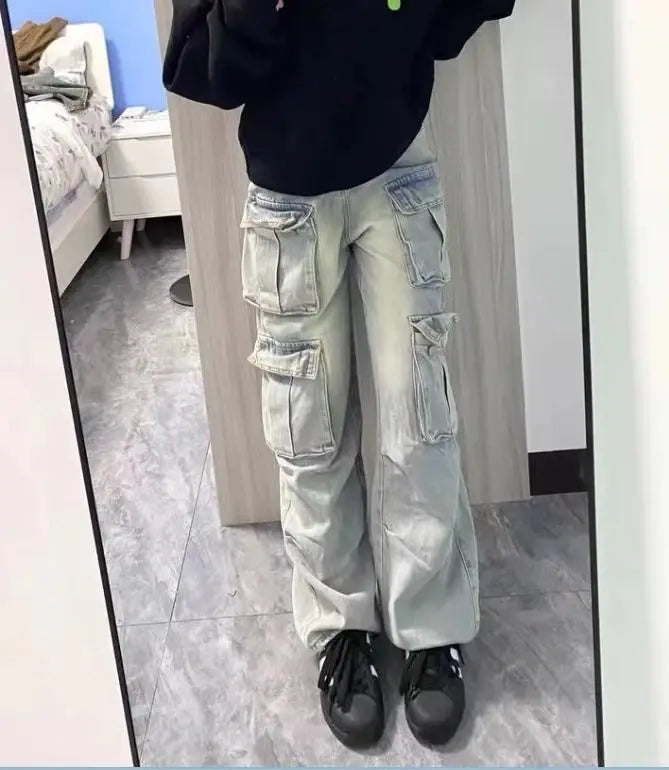 American style trendy retro multi pocket denim workwear pants men and women summer new popular washed wide leg casual pants y2k