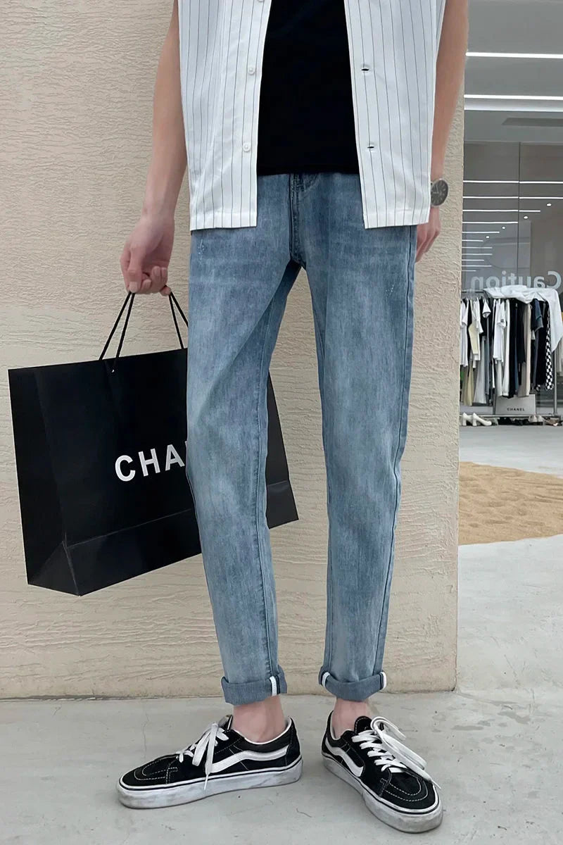 saferido Simple Blue Washed Jeans Men's Casual All-match Fashion Slim Pencil Pants Wear-resistant Spring Summer Stretch Denim Pants Thin