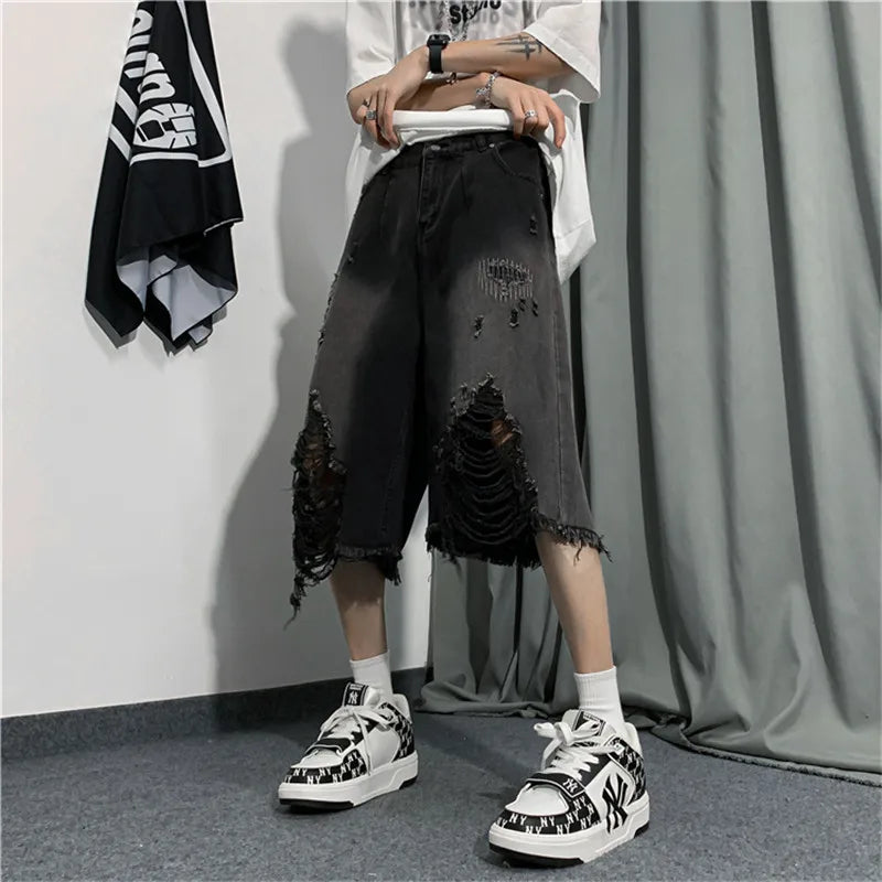 saferido New Style Ripped Denim Shorts Men's Clothing 2024 Summer Five-point Korean Casual Youth Straight Trousers Boutique Clothing
