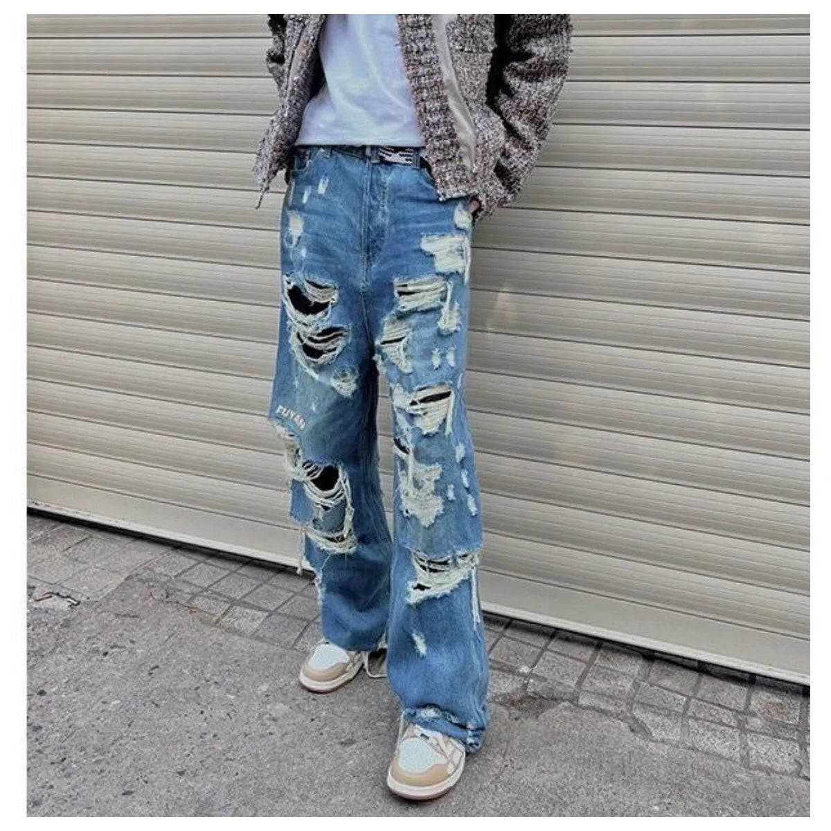 saferido American Style Streetwear Washed Torn Jeans For Men And Women's Street Hip-Hop Loose Wide Leg Straight Leg Pants Fashion Style