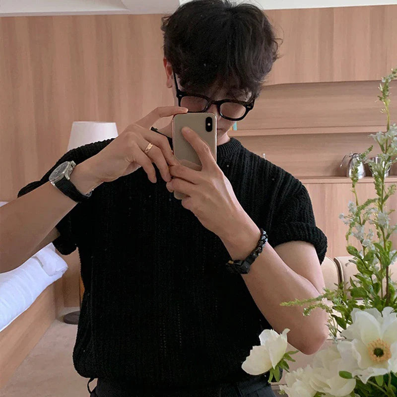 Men's Clothing Light Luxury Hollow Out O Neck Knit T Shirt Leisure Solid Color Short Sleeve Korean Popular Retro Knitwear M-2XL