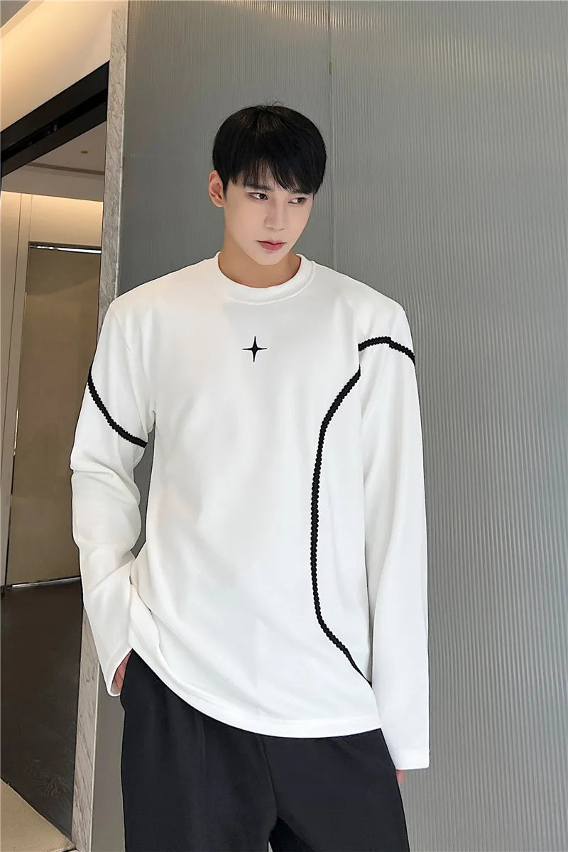 saferido harajuku Spring Autumn Men Clothing Long Sleeve Embroidery Shoulder Pad T-shirt Round Collar Casual T Shirts Tops For Male