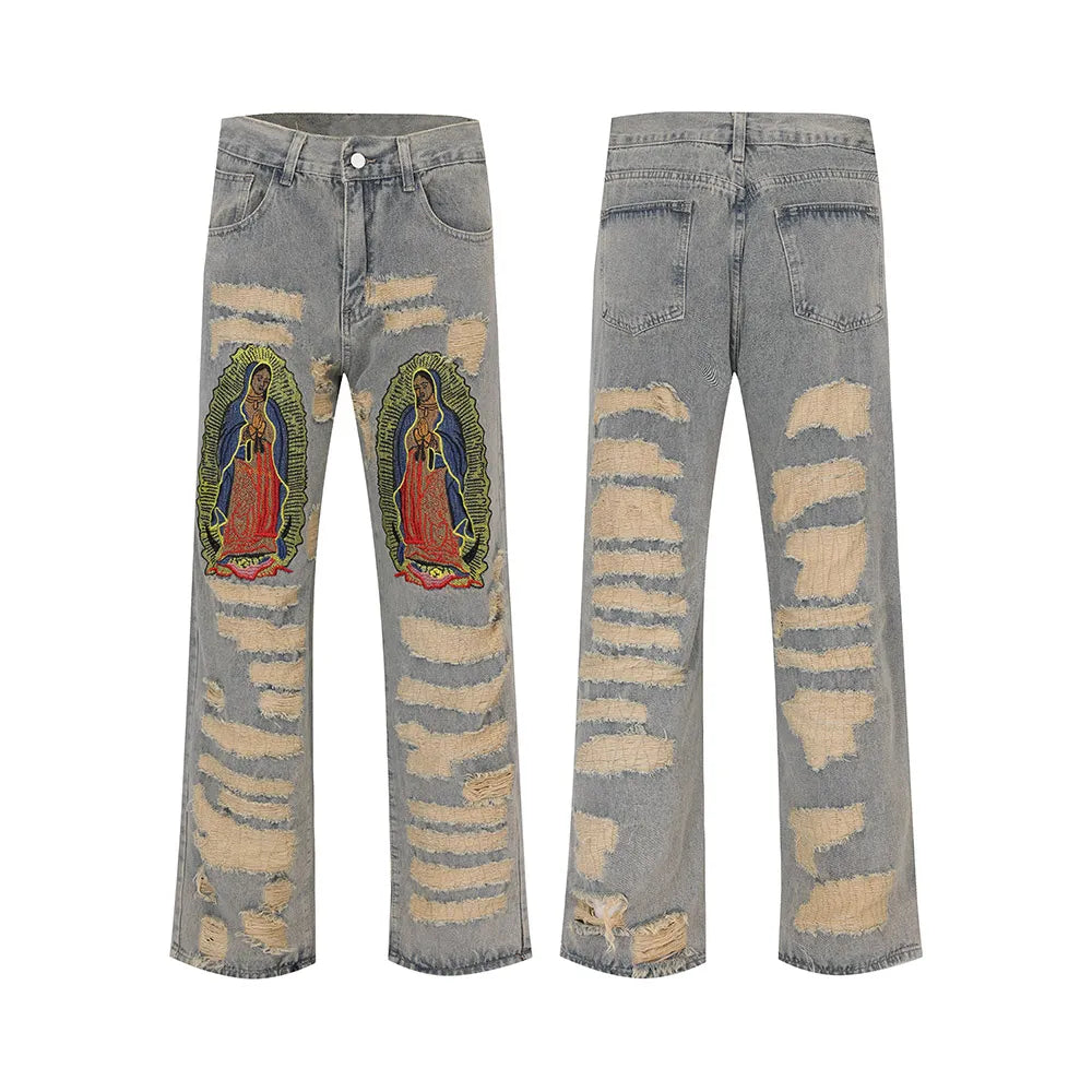 Y2K Hole Distressed Embroidery Baggy Denim Trousers Unisex Straight Hip Hop Loose Jeans Ripped Casual Men's Cargo Panrs Oversize
