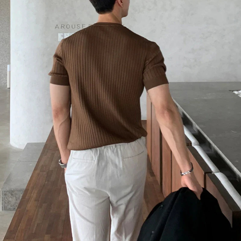 Fashion Simple Solid Color Slim Short Sleeve Ribbed Knit T Shirts Mens Clothes Spring Summer Casual Crew Neck Pullover Tops Men