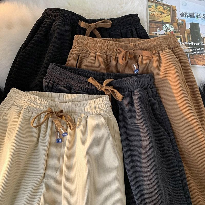Casual Solid Color Korean Loose Straight Cylinder Sweatpants New Waist Drawcord Fashion Youth All-match Male Ninth Pants