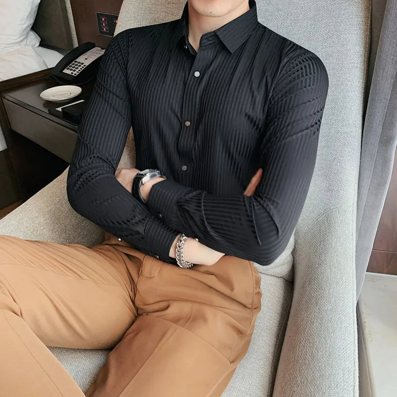 saferido Spring Autumn Long Sleeve Men Vintage Shirts Fashion stripe Slim Fit Korean Mens Shirt Luxe Homm Office Dress Shirts S-4XL