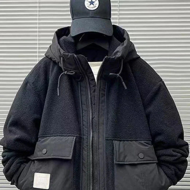 Winter Men's Jacket Japan Style Cargo Spliced Lamb Wool Thick Parkas Workwear Large Pocket Padded Coat Oversized Hooded Top