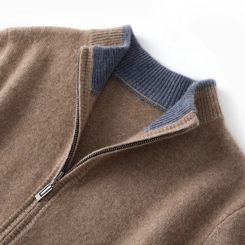 Autumn/Winter New 100% Pure Cashmere Sweater Men's Half High Neck Knitted Zippered Cardigan Solid Color Wool Top Coat