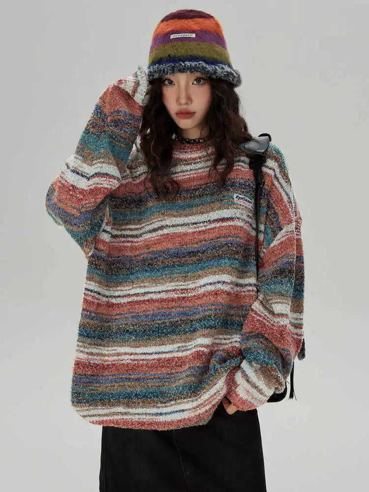 saferido Striped Knitted Sweater Coat Men Japanese Y2K Oversize Casual Autumn Winter Loose O-neck Pullovers for Man Streetwear