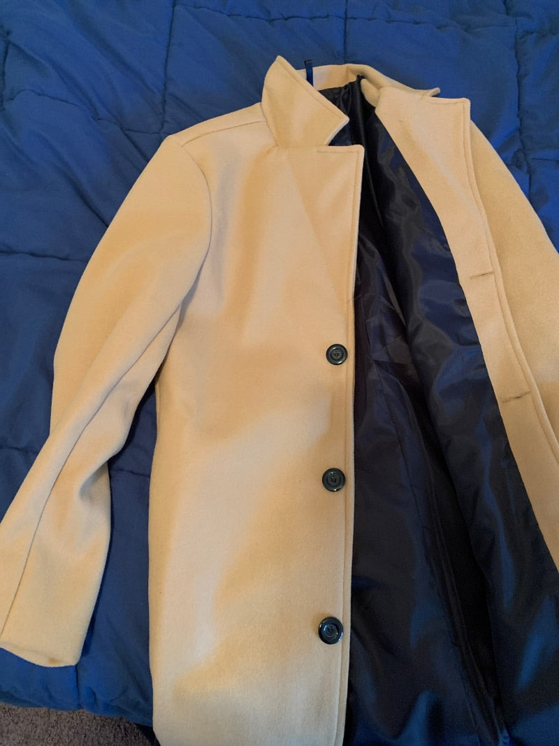 Men Long Cotton Coat Autumn Winter New Wool Blend Pure Color Casual Business Fashion Slim Windbreaker Jacket Men Clothing