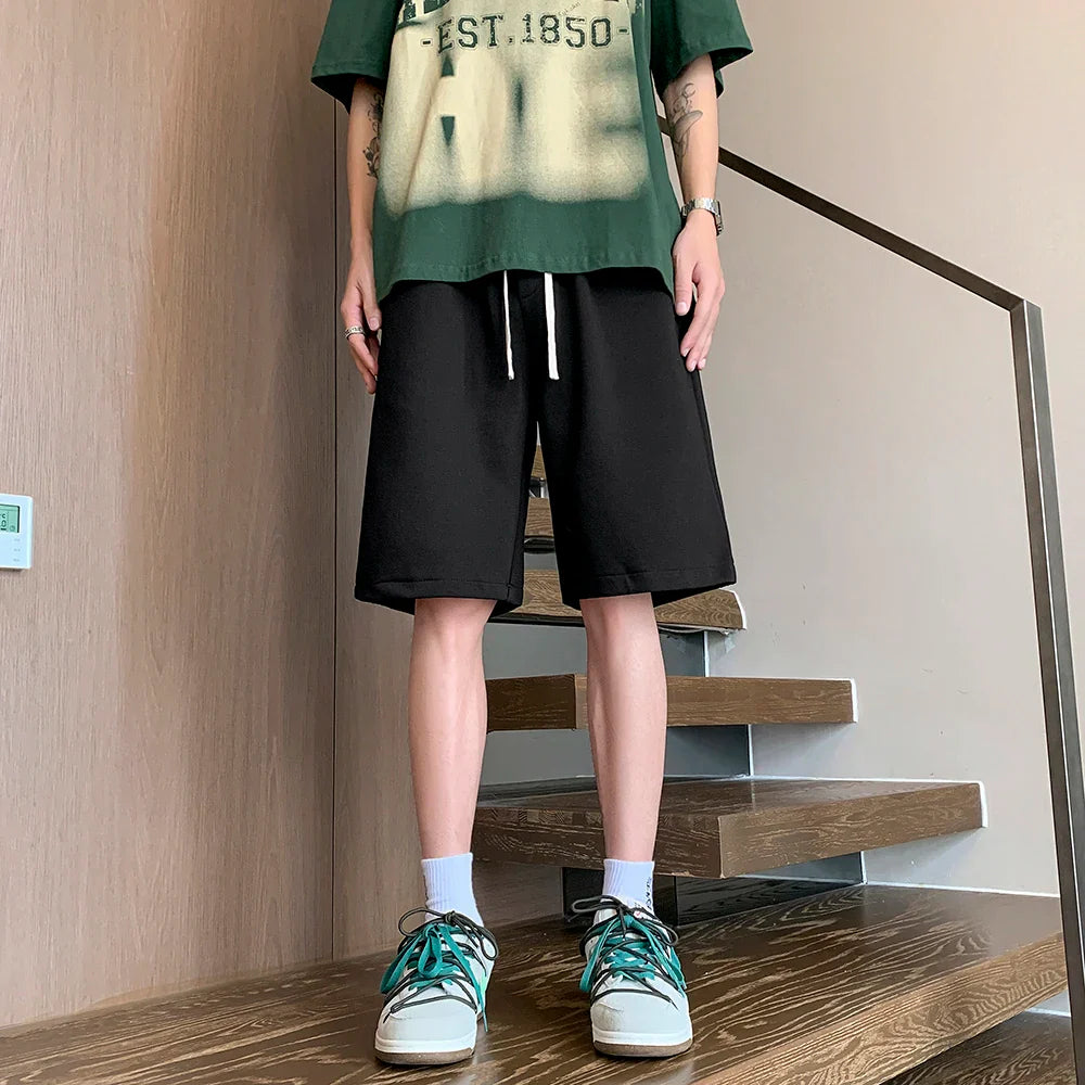 saferido Lace Up Striped Straight Shorts Men Clothing 2024 Summer New Loose Elastic Waist All-match Knee Men Shorts Korean Fashion Shorts