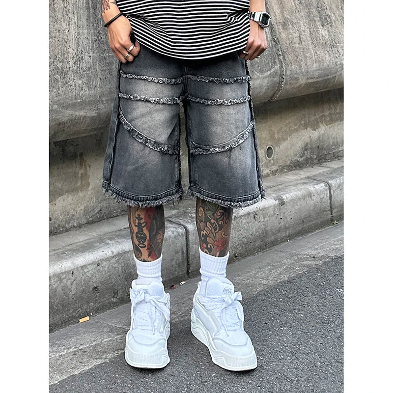 American High Street Men's Wide Leg Denim Shorts Summer New Fashion Casual Baggy Short Jeans Male Chic Burrs Clothes