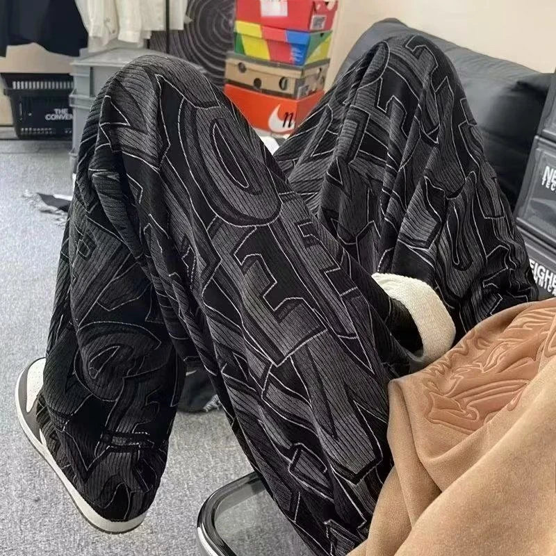 saferido American Casual Pants Men High Street Corduroy Letter Printed Loose Wide Leg Solid Color Spring and Autumn Sports Pants Male