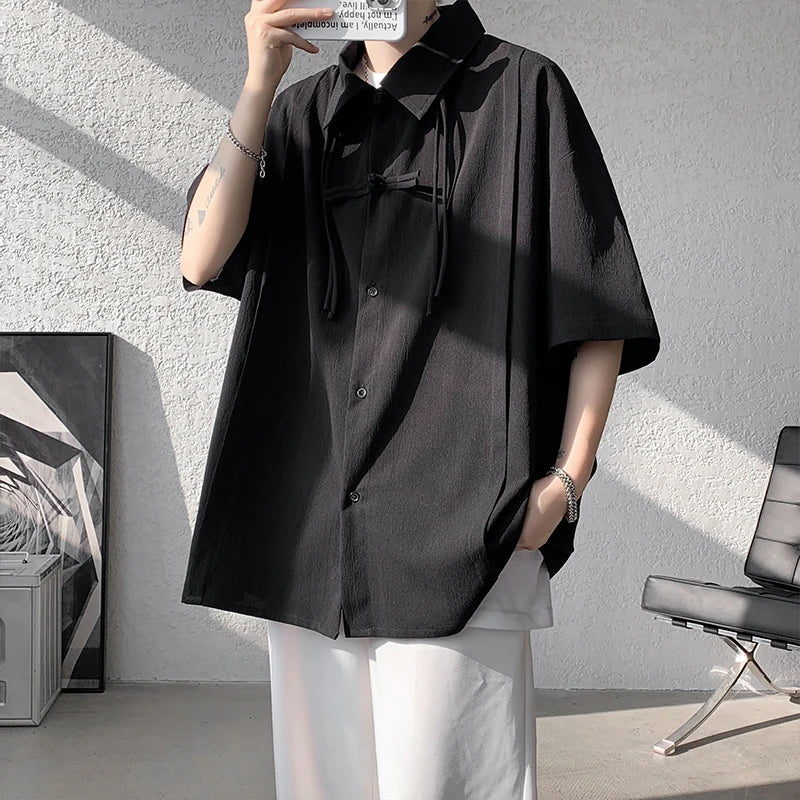 saferido Men's Casual Blouse Long Sleeve Tee Shirt Y2K Vintage Oversized Blouses Chinese Style Baggy Button Up Shirt