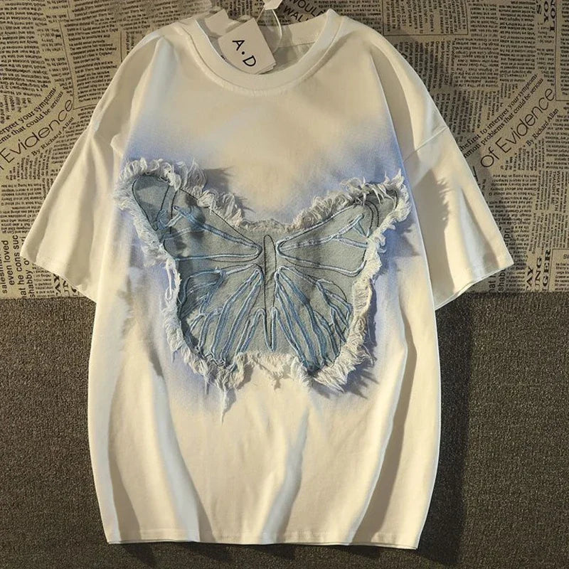 saferido American Vintage T Shirt High Street Patch Butterfly Short Sleeve O-neck T-shirt Men Women Oversize High Street Tops