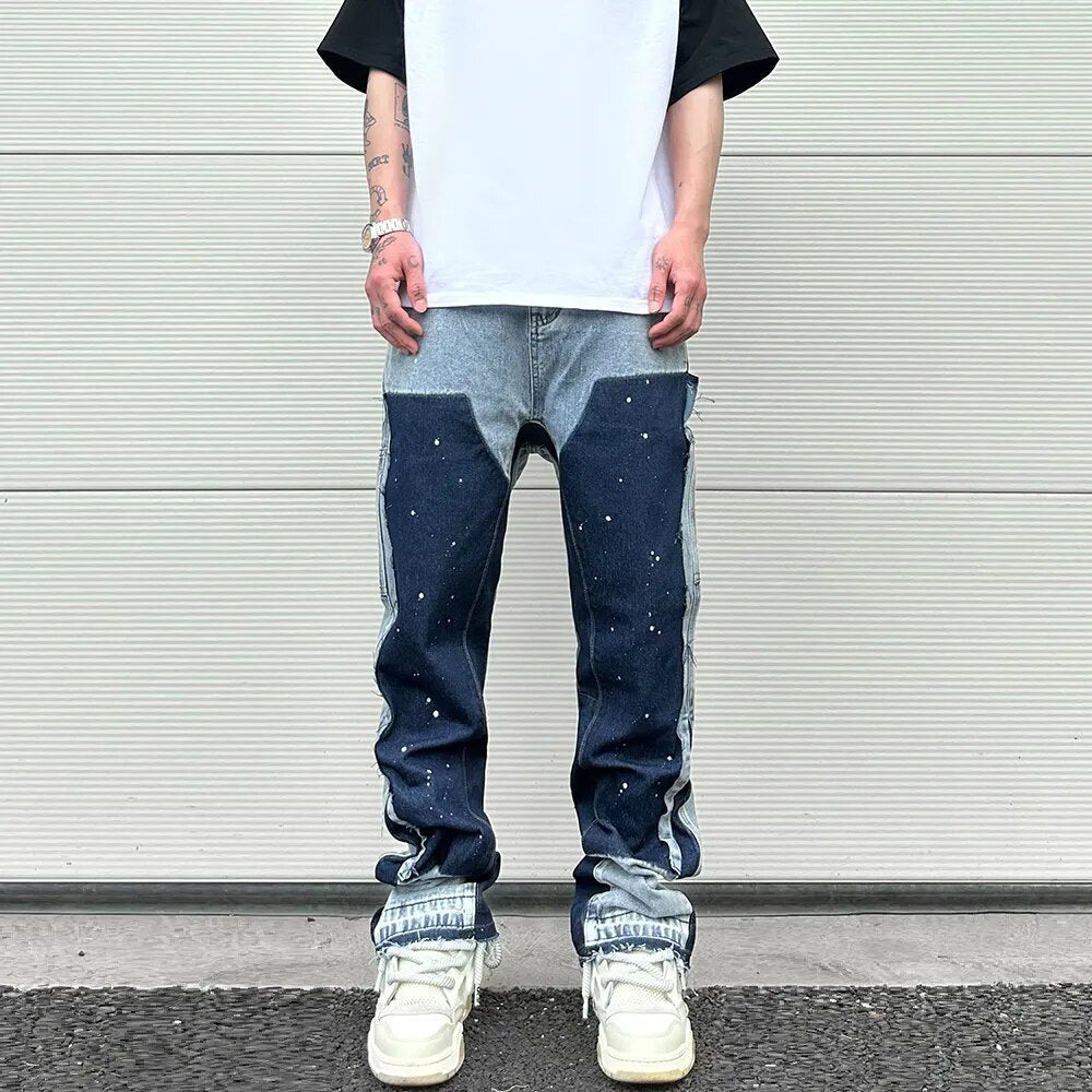 Graffiti Black Flared Denim Pants Mens Vintage Hip Hop Patches Splashed Ink Wide Leg Jeans Y2k Baggy Washed Jeans for Men