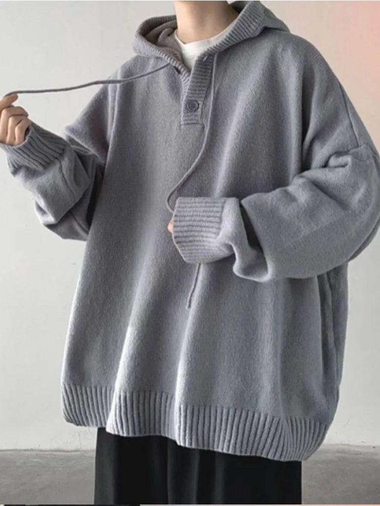 Hood Sweater Men's Winter Loose Chic Idle Sle Retro Knit Solid Outerwear Teenagers Fashion Trendy Warm Man Clothing