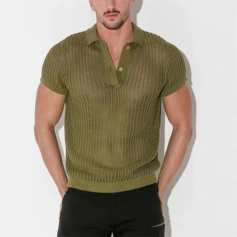 Spring Summer Mens Sexy Tops See Through Hollow Out Knitted Mesh Shirt Fashion Loose Breathable Knit Polo Shirts Men Streetwear