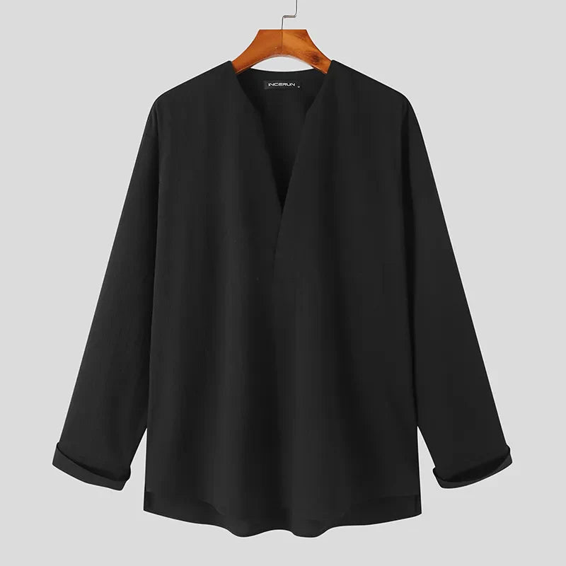 Fashion Men Shirt Solid Color Loose V Neck Long Sleeve Men Clothing Streetwear Korean Style Casual Shirts Men S-5XL