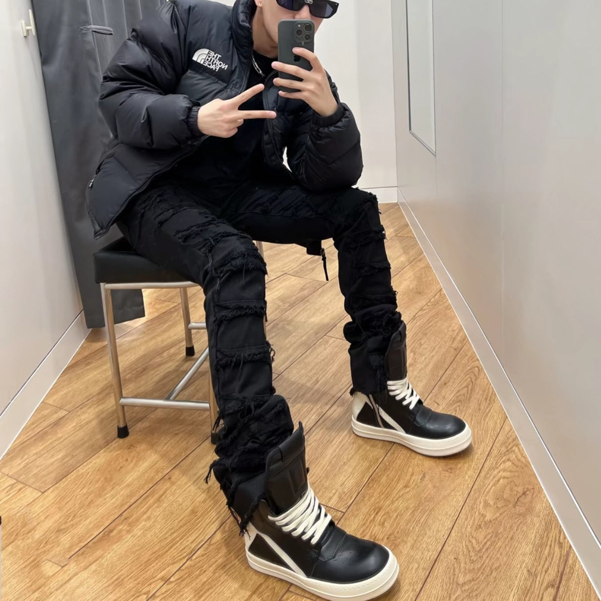 American style black erosion damaged rough high street jeans men's ins hip-hop fashion vintage skinny pants streetwear