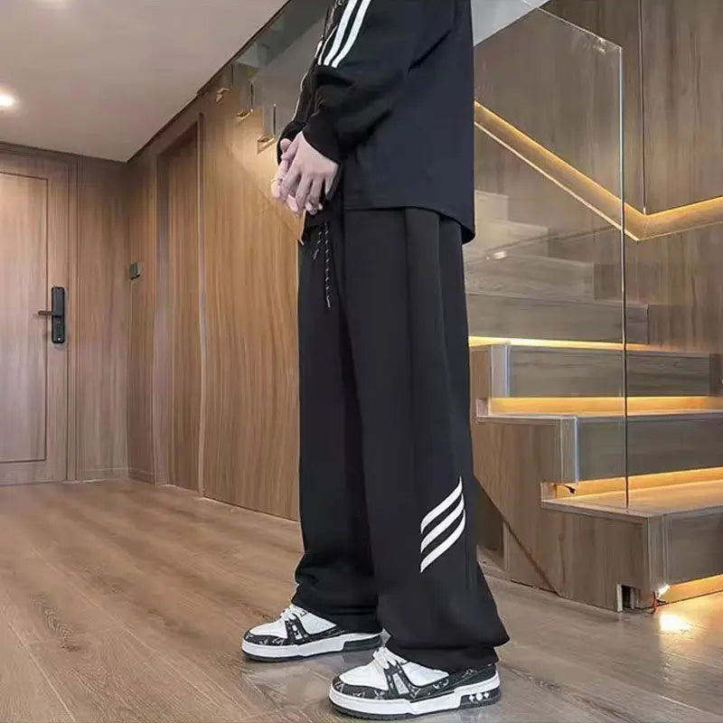 saferido American Trendy Vintage Summer Loose Sports Wide Leg Pants Men Pocket Striped Elastic Wait Drawstring Casual Straight Trousers