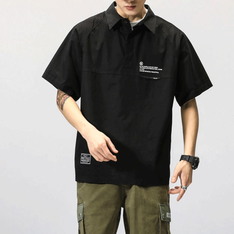 Solid Color Work Clothes POLO Collar Summer Men's Short-sleeved Fashion Shirt Casual Loose Print Patchwork Button Commuting