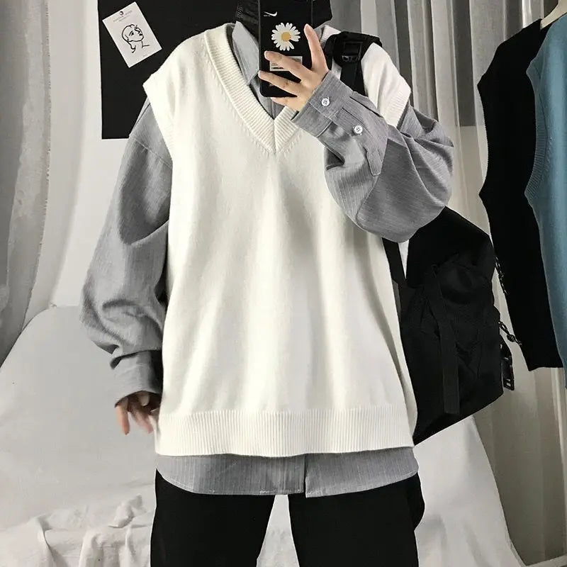saferido Spring New Korean Fashion Men Pullover Oversized Sweater Vest Male Loose Casual Harajuku Waistcoat Knit Vest for Men