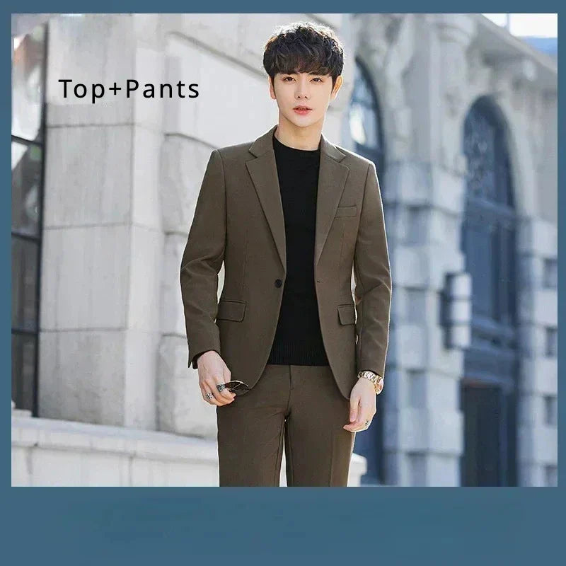 S-6XL Men's Business Casual Suit Korean Style Trendy Slim Fit 2 Piece Set Solid Color (Blazer+ Pants )Groom Wedding Dress Party