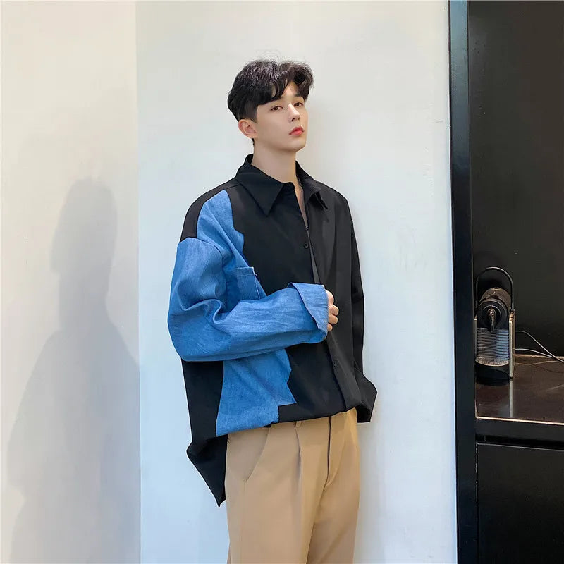 saferido Spring Autumn Korean retro denim stitching shirt men's Korean loose casual design Fashion Show Punk Rock Style Dress Shirts