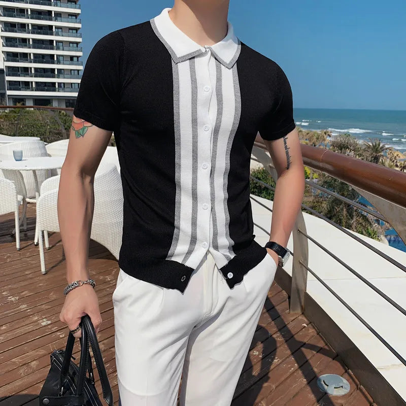 saferido Spring Men Short Sleeve Polo Contrast Stripes Lapel Top Korean Slim Knit Men Polo High Quality Tee Shirt Camisa Hombre 4XL