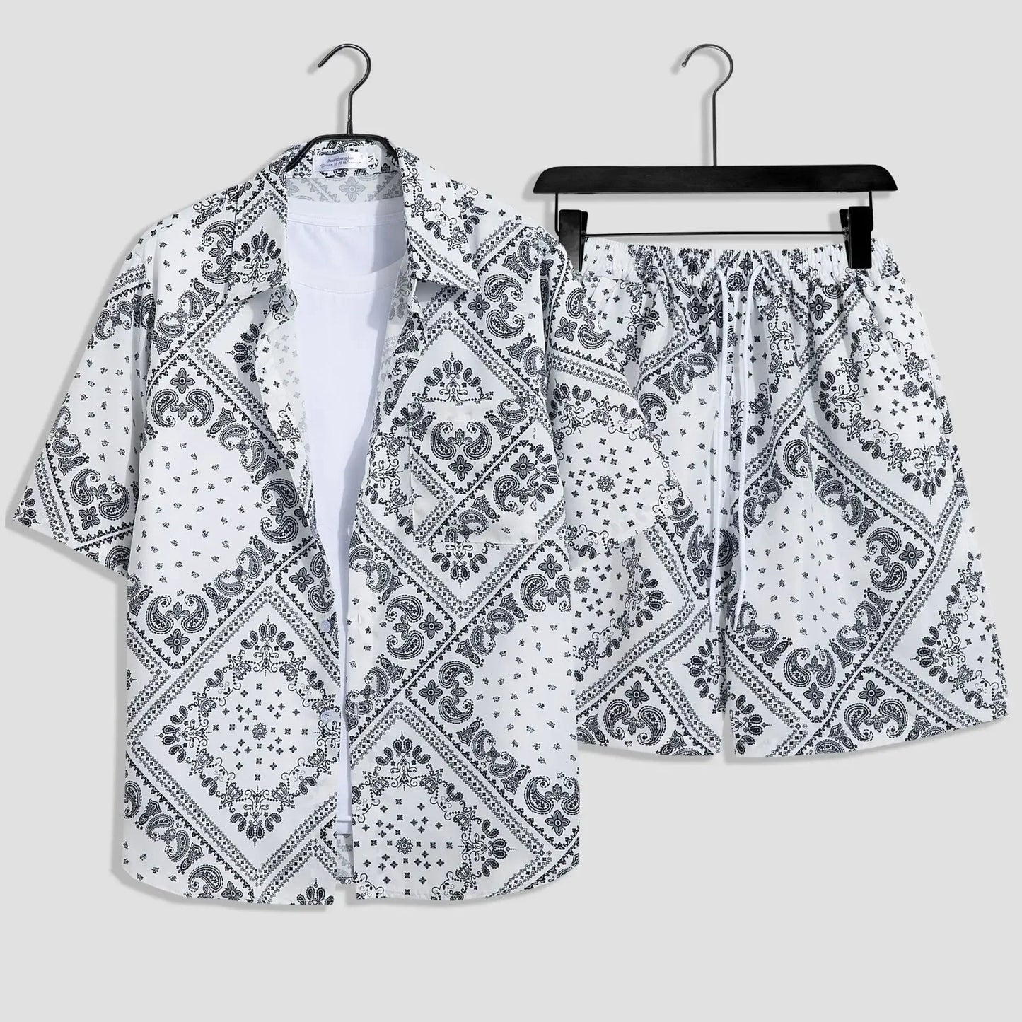 Mens Fashion Print Sets Short Sleeve Shirt+Shorts 2Pcs Suit Loose Summer Casual Beachwear Male Vacation Hawaiian Outfits